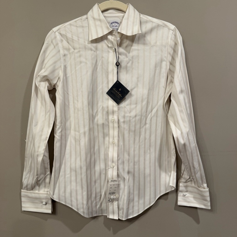 NWT Brooks Brothers 346 Non-Iron Button Down Shirt Womens 2 White Pinstripe